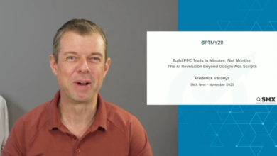 Frederick Vallaeys presents on PPC tools and AI at SMX Next 2025.