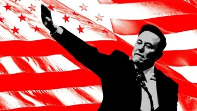 Elon Musk in silhouette with raised hand against a red and white American flag.