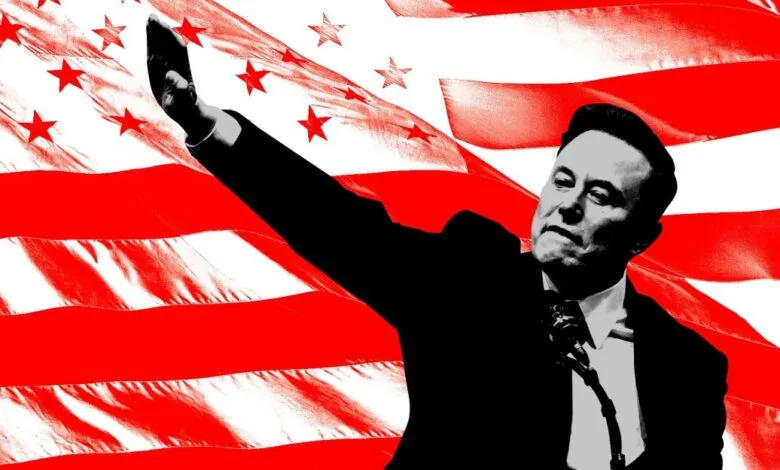 Elon Musk in silhouette with raised hand against a red and white American flag.