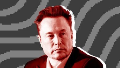Elon Musk portrait with red tint and gray striped background.