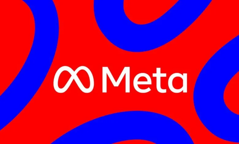 Meta logo in white on red background with blue curved shapes.