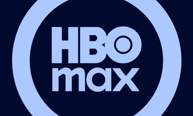 HBO Max logo in light blue against a dark blue background.