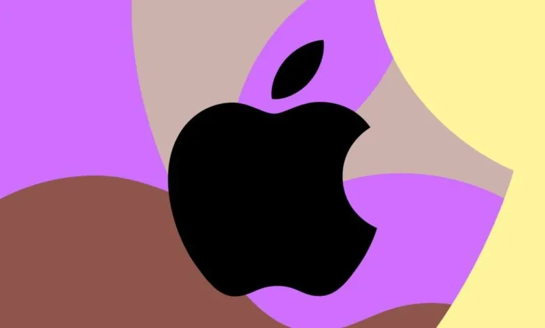 Apple logo in black silhouette against pastel color blocks.