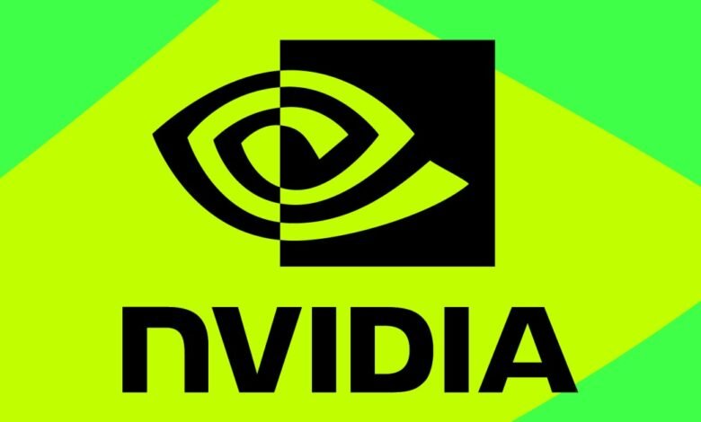 NVIDIA logo in black on a vibrant green and yellow geometric background.