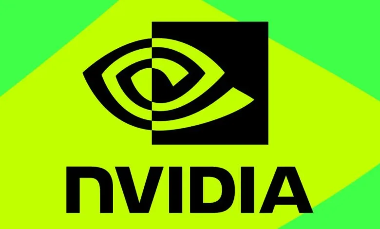NVIDIA logo in black on a vibrant green and yellow geometric background.