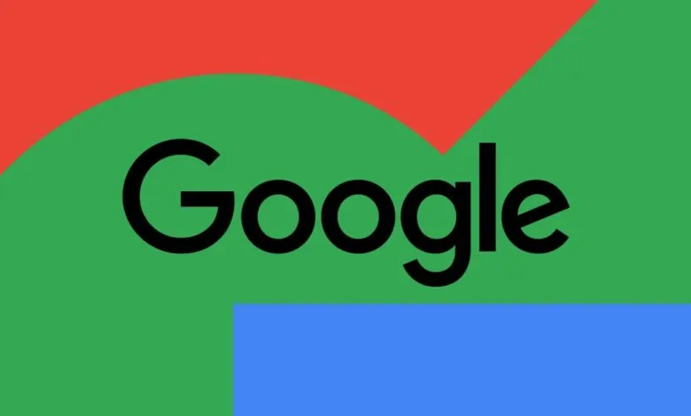 Google logo in black against red, green, and blue geometric shapes.