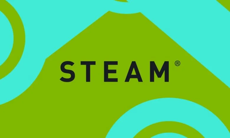 Steam logo on a green background with abstract teal shapes.
