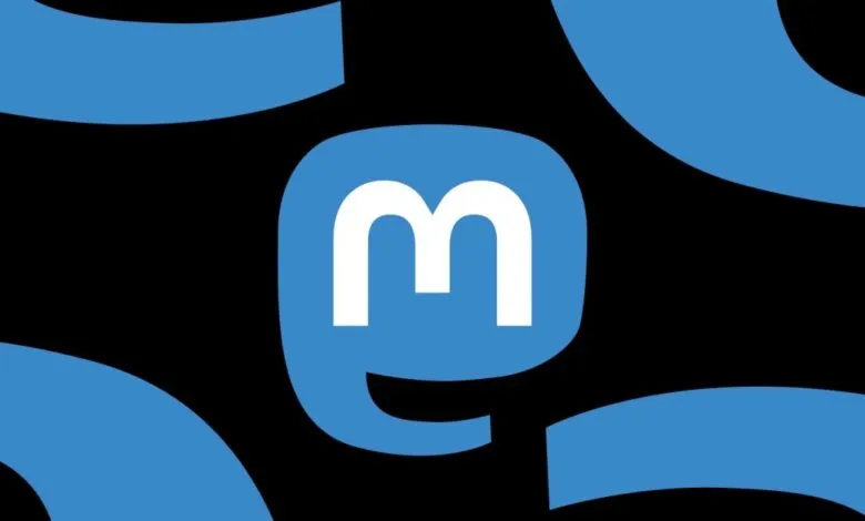 Mastodon social network logo, white 'm' on blue rounded square, black background.
