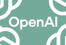 OpenAI logo in white on a teal background with abstract shapes.