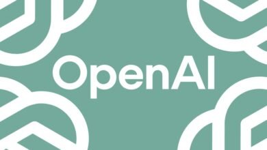 OpenAI logo in white on a teal background with abstract shapes.