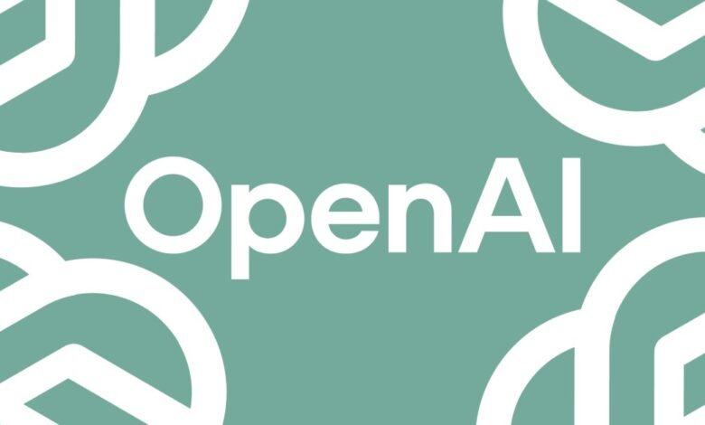 OpenAI logo in white on a teal background with abstract shapes.