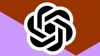 OpenAI logo in black and white on a brown and lavender background.