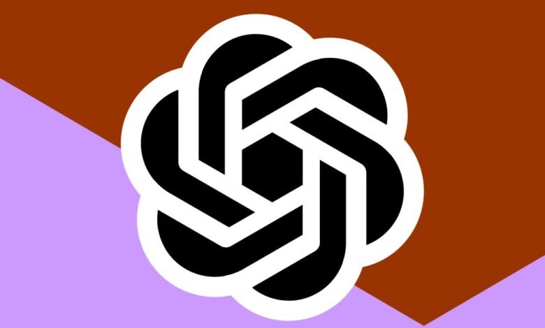OpenAI logo in black and white on a brown and lavender background.