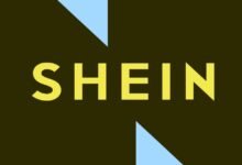 Shein logo in yellow on a dark background with light blue and yellow accents.