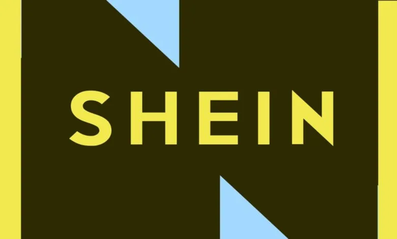 Shein logo in yellow on a dark background with light blue and yellow accents.