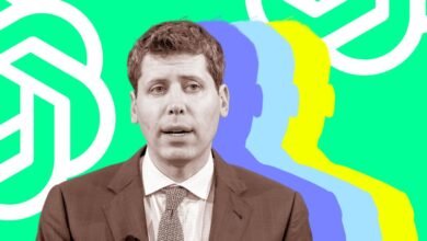 Sam Altman, CEO of OpenAI, stands against a vibrant, colorful background.