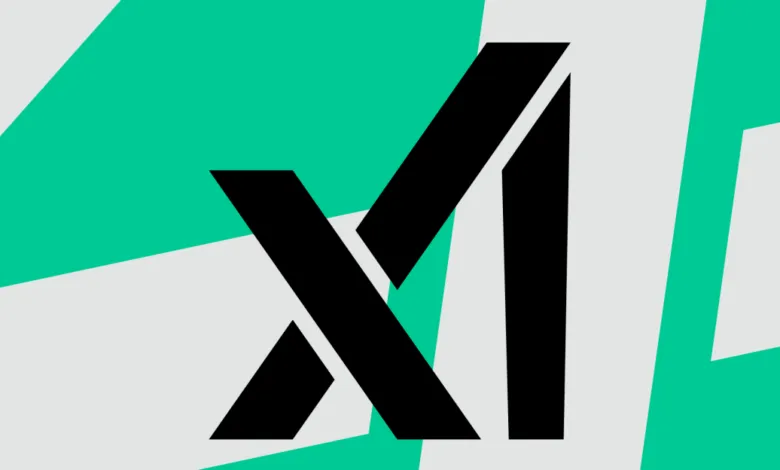 Abstract logo with black 'X' and 'I' on geometric teal and gray background.