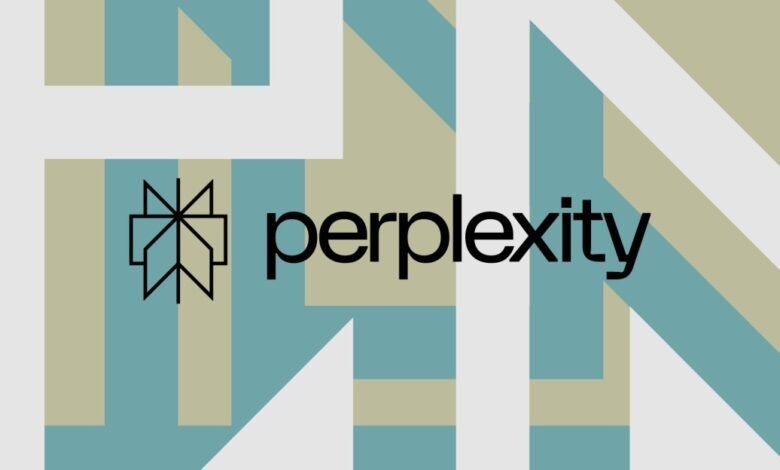 Perplexity AI logo with geometric background pattern.