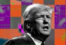 Donald Trump portrait with digital glitch art background.