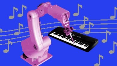 Pink robot arm plays a black keyboard against a blue background with musical notes.