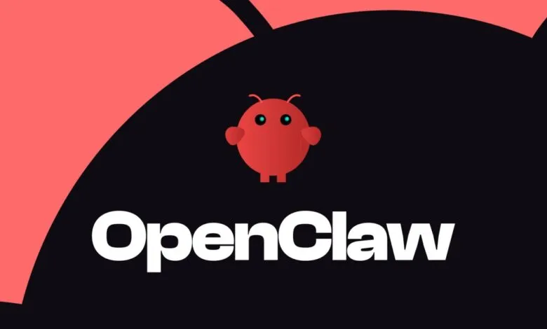 OpenClaw logo with a red bug-like character on a black and pink background.