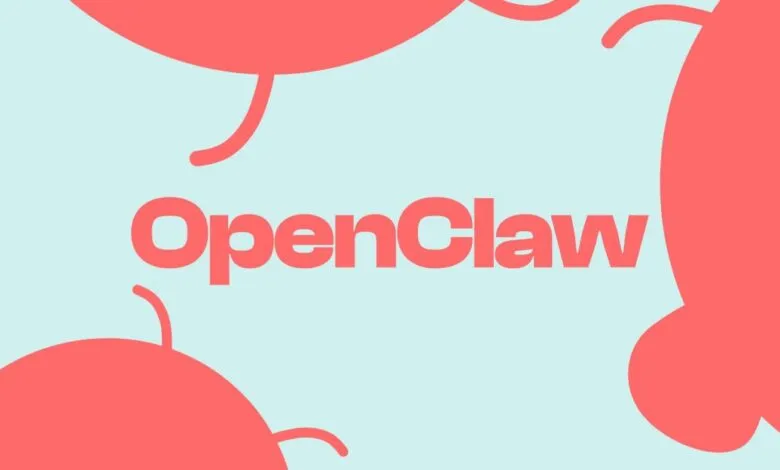 OpenClaw text in coral on light blue background with coral shapes.