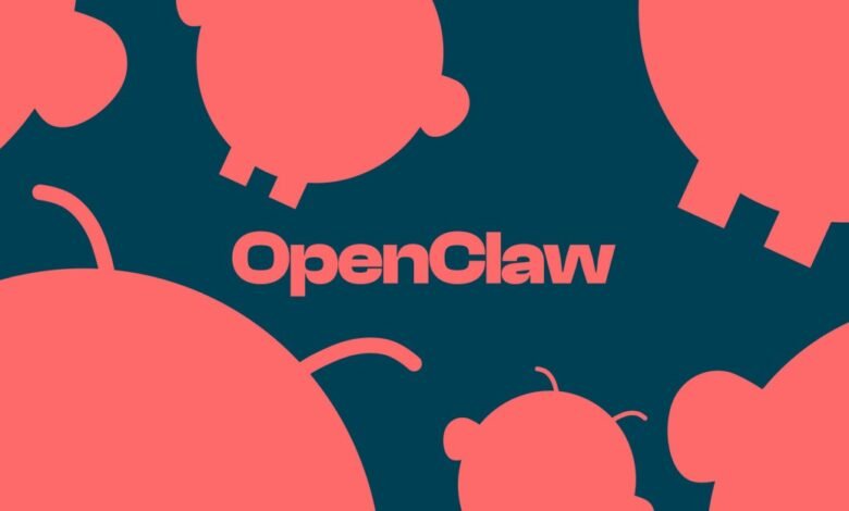 OpenClaw logo in coral on a teal background with stylized claw shapes.