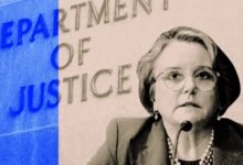 Gail Slater at a podium with the Department of Justice logo in the background.