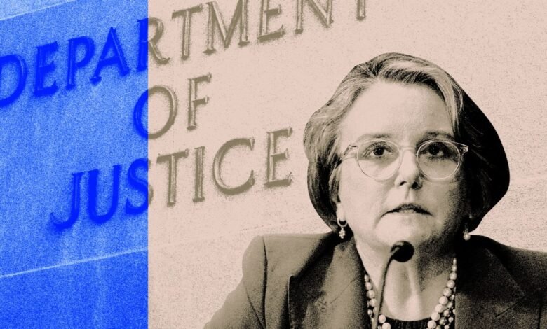 Gail Slater at a podium with the Department of Justice logo in the background.