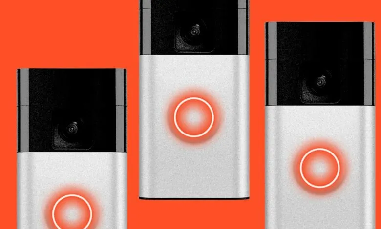 Three Ring video doorbells with glowing buttons on a bright orange background.