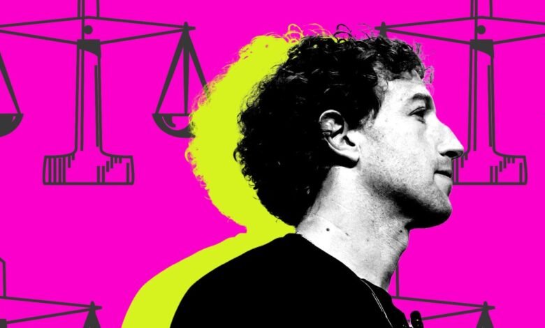 Profile of Mark Zuckerberg against a pink background with scales of justice.