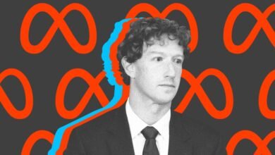 Mark Zuckerberg portrait with Meta logo background.