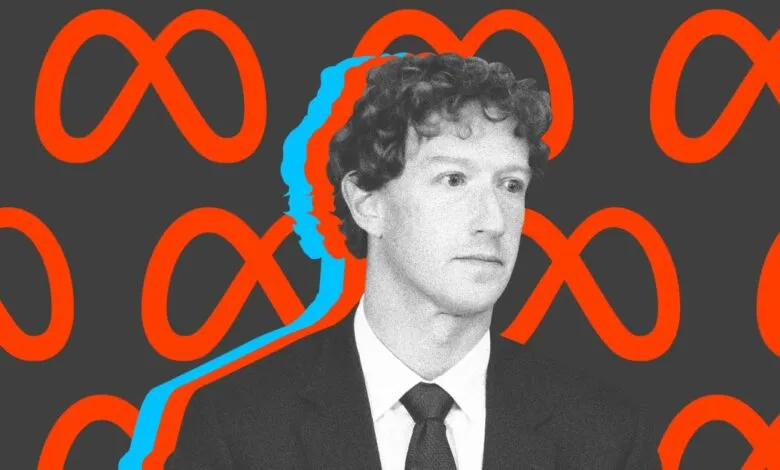 Mark Zuckerberg portrait with Meta logo background.