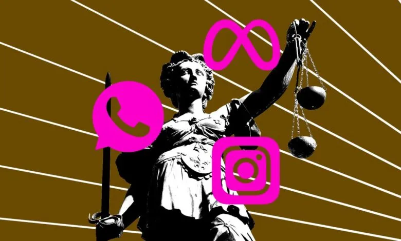 Lady Justice statue overlaid with Meta, Instagram, and WhatsApp logos.