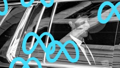 Mark Zuckerberg in car, Meta logo overlay, black and white.