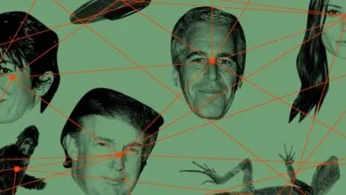 Collage of faces and symbols connected by red lines, suggesting conspiracy theories.