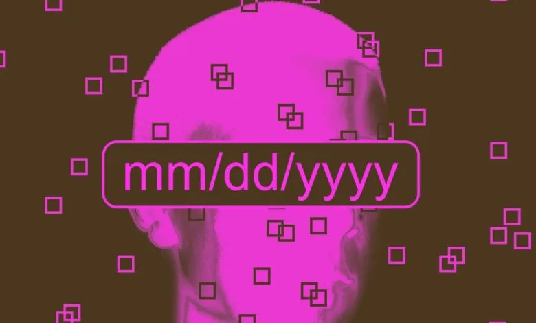 Abstract head with 'mm/dd/yyyy' and pink squares on brown background.