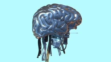 Metallic brain connected to robotic components on light blue background.