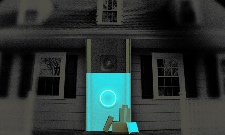 Glowing smart doorbell on house with packages, surveillance concept.
