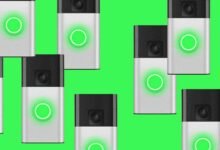 Multiple Ring doorbells displayed against a bright green background.
