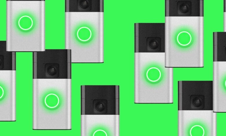 Multiple Ring doorbells displayed against a bright green background.
