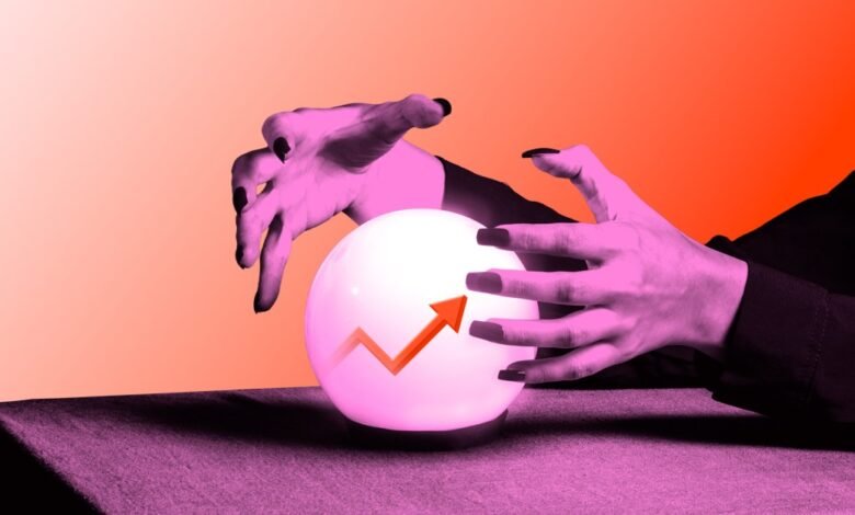 Hands hover over glowing crystal ball with upward trending arrow.