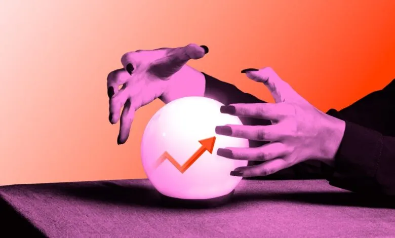 Hands hover over glowing crystal ball with upward trending arrow.