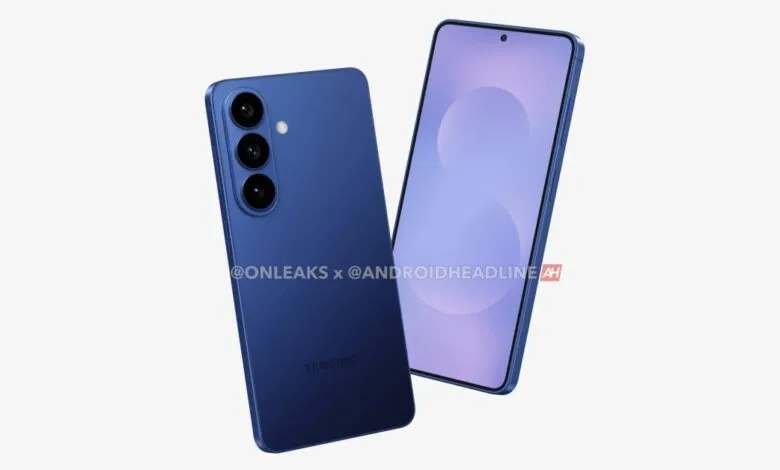 Two blue smartphones, one showing the back with three cameras, the other the screen.