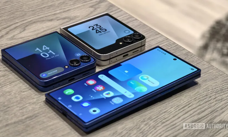 Three foldable smartphones showing different screen states and designs.