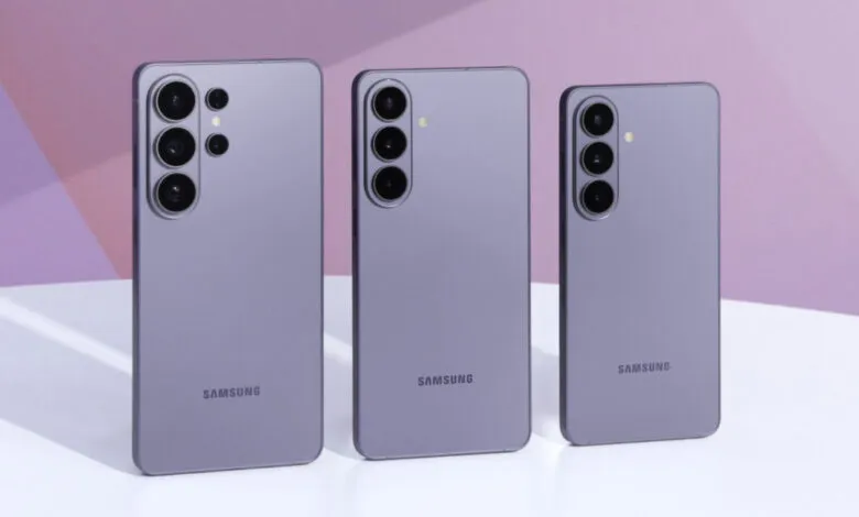 Three Samsung Galaxy phones in a row, showcasing different camera configurations.