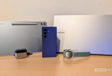 Samsung Galaxy devices: tablet, phone, earbuds, watch, and laptop.