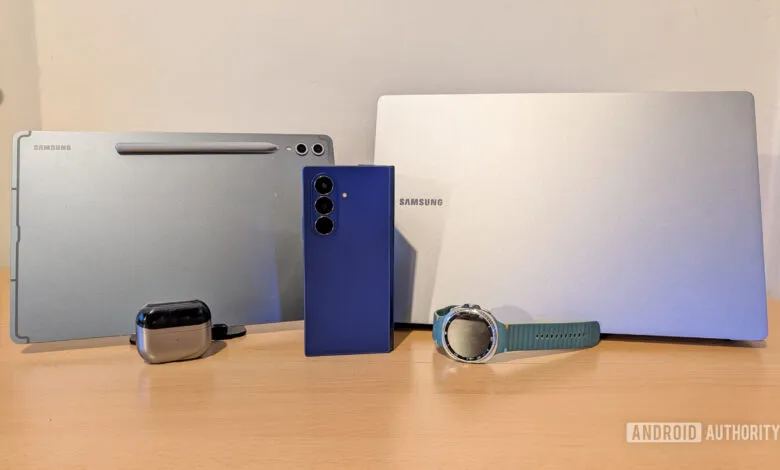 Samsung Galaxy devices: tablet, phone, earbuds, watch, and laptop.