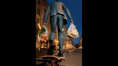 Man in suit skates with groceries through city streets at night.
