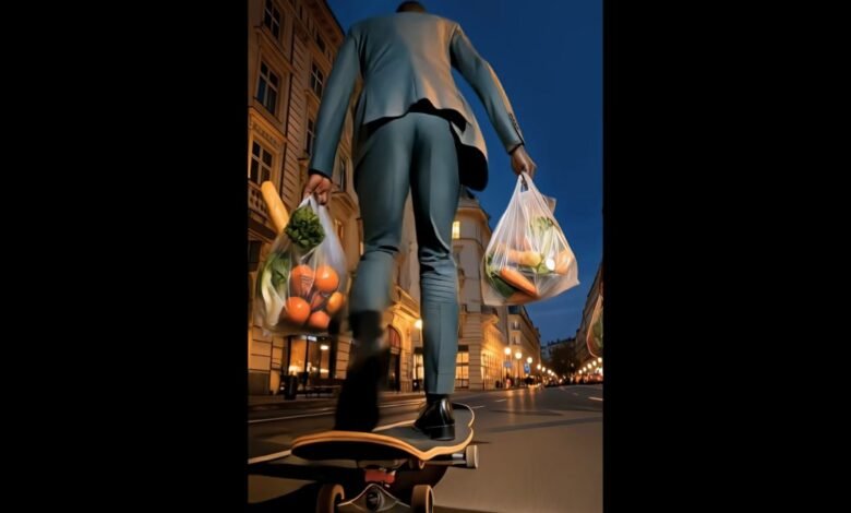 Man in suit skates with groceries through city streets at night.